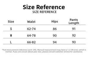 Size chart showing S to L measurements for loose fit high waist cargo sweatpants