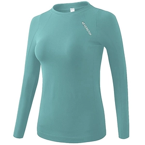 Women's lake blue long-sleeve quick-dry yoga top with Neverstop print on chest