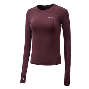 Slim fit burgundy long sleeve sports top with mesh vents and thumb holes