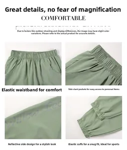Detail view of sage green joggers showing elastic waist, side pockets, and reflective text