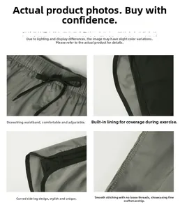 Détails du short de sport gris avec cordon de serrage, doublure et fentes latérales