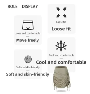 Detail of khaki high-waisted gym shorts featuring adjustable side drawstrings and soft texture