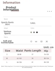 Size chart for high-waisted sports skorts showing measurements in centimeters for S, M, L