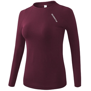 Women's burgundy long sleeve yoga t-shirt with Neverstop print and slim fit design