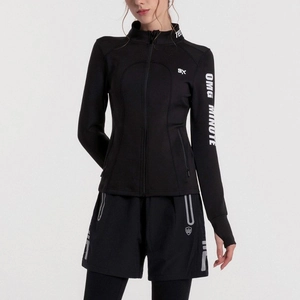 Women's Slim Fit Sports Jacket Stand Collar Zipper Athletic Running Coat Letter Print Long Sleeve Gym Workout Top