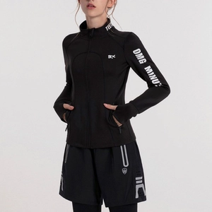 Slim fit black athletic jacket with stand collar and matching shorts for gym training