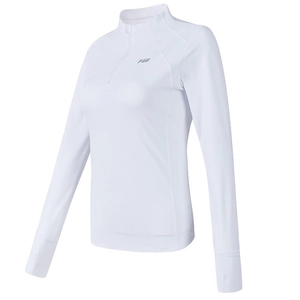 Women's slim fit half-zip running top in white quick-dry fabric with thumbhole sleeves