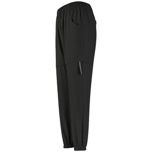 Women's black loose cargo joggers with elastic waistband and tapered cuffed ankles