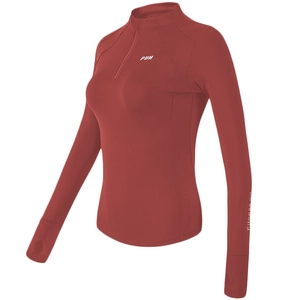 Slim fit red long sleeve running yoga top with half zipper and thumb holes design