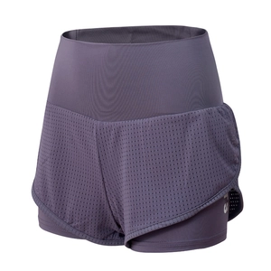 Damen Sportshorts mit hoher Taille, lila Netzgewebe-Design und praktischem Doppel-Lagen-Look