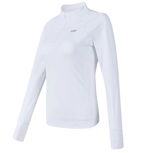 Slim fit white long sleeve yoga top with half-zipper collar and thumbhole sleeves
