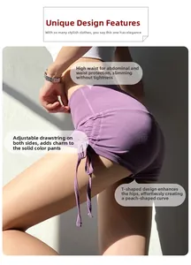 Vue détaillée du short de yoga violet taille haute avec cordons de serrage pour le fitness