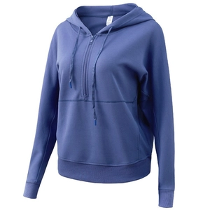 Thick navy blue oversized half-zip hoodie for yoga and gym with ribbed cuffs and hem