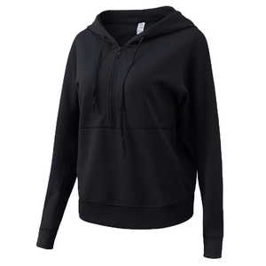 Women's black half-zip hooded sweatshirt with drawstring and ribbed cuffs in size M