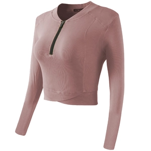 Top sportivo corto a maniche lunghe con mezza zip e scollo a lupetto in rosa antico