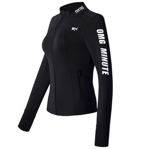 Slim fit black athletic jacket with stand collar and white letter prints for women
