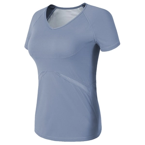 T-shirt de yoga à col en V en mesh avec coussinets de poitrine intégrés en bleu poudré