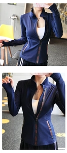 Detail of slim-fit yoga jacket showing thumbhole cuffs and PRO YOGA tape design