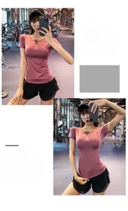 T-shirt de yoga ajusté pour femme en rose poudré avec tissu extensible respirant