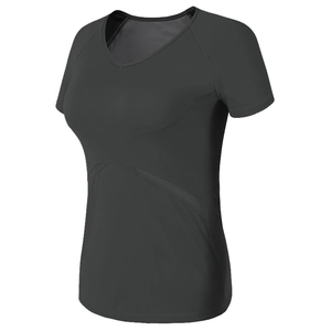 T-shirt de sport femme gris foncé ajusté avec col en V et tissu en maille respirante
