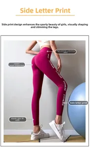 Detailed view of high-waist fitness leggings featuring side letter print and elastic cuffs