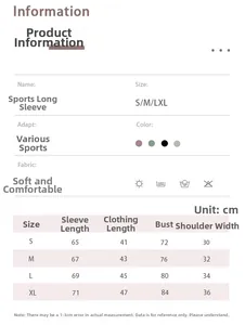 Size chart showing bust and length for slim fit cropped long sleeve running yoga tops