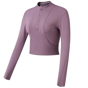 Women's Half Zip Long Sleeve Sport Crop Top Slim Fit Athletic Yoga Shirt Ribbed Polyester Workout Running Fitness Clothing