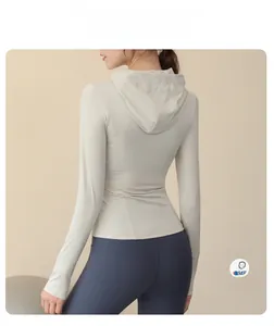 Slim fit grey sports jacket with ergonomic back stitching and hood for yoga fitness