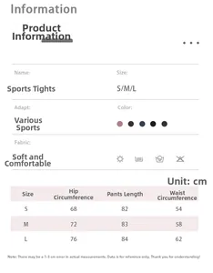 Size chart showing S M L measurements for high waist yoga leggings with fitness details