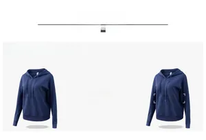 Detail view of navy blue zip-up hoodie showing rib-knit cuffs and custom logo options
