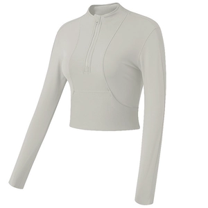 Slim fit long sleeve running yoga top with stand collar and half zipper in light grey