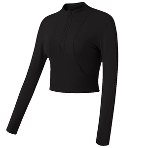 Women's black rib-knit long sleeve crop top with quarter-zip stand collar for fitness