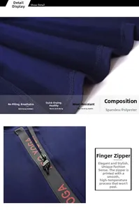 Detailed macro view of the slim-fit yoga jacket with custom YOGA zipper and mesh fabric