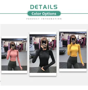 Slim fit long sleeve yoga crop top with thumb holes shown in pink black and yellow colors