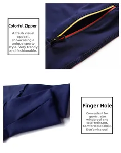 Detail of colorful zipper and sleeve thumbholes on navy slim fit sports jacket