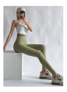 Close-up of high-waisted sage green yoga pants featuring tummy control and breathable fabric