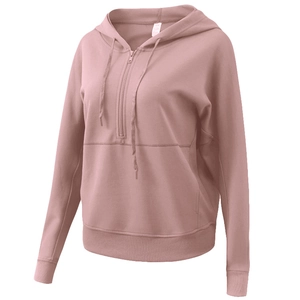 Women's thick dusty pink half-zip hoodie with adjustable drawstrings for autumn fitness