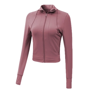 Women's full-zip slim fit yoga jacket with stand collar and thumbholes in dusty rose color