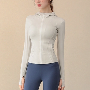 Women's Full Zip Slim Fit Yoga Jacket Hooded Running Coat Long Sleeve Top With Thumbholes Sporty Casual Athletic Polyester