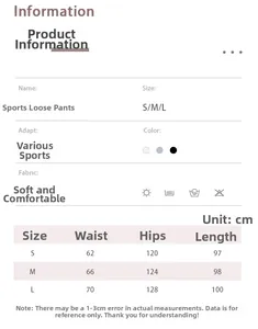 Size chart for high waist sports joggers detailing waist, hip, and length in cm