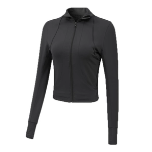 Slim fit black athletic jacket with stand collar and thumbholes for yoga and running