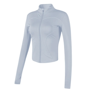 Slim-fit women's stand collar sports jacket with full zipper in light blue stretch fabric