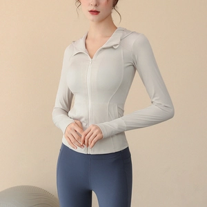 Slim fit light grey hooded sports jacket with full zipper for running and yoga fitness