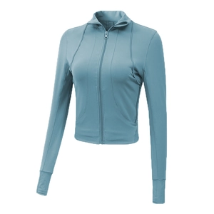 Slim fit misty blue sports jacket with stand collar and thumbholes for yoga and running