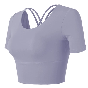 Slim fit lavender yoga crop top with elastic back straps and built-in pads for women
