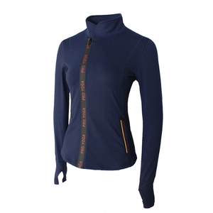 Slim fit navy blue sports jacket with stand collar and thumbhole sleeves for yoga