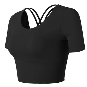 Women black yoga crop top with elastic quick-dry fabric and multi-cross back straps