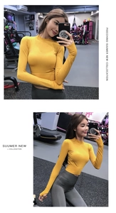 Detail view of ginger yellow cropped long-sleeve sports top and high-waist grey leggings
