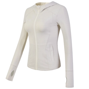 Slim fit white women's hooded sports jacket with zipper and thumb holes for fitness yoga