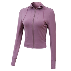 Slim fit stand collar sports jacket for women in mauve with thumbholes and full zip